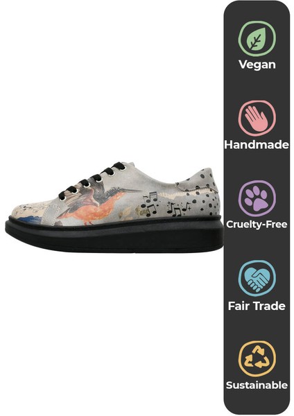 Kadın Vegan Deri Gri Sneakers - Birds Chirping Tasarım