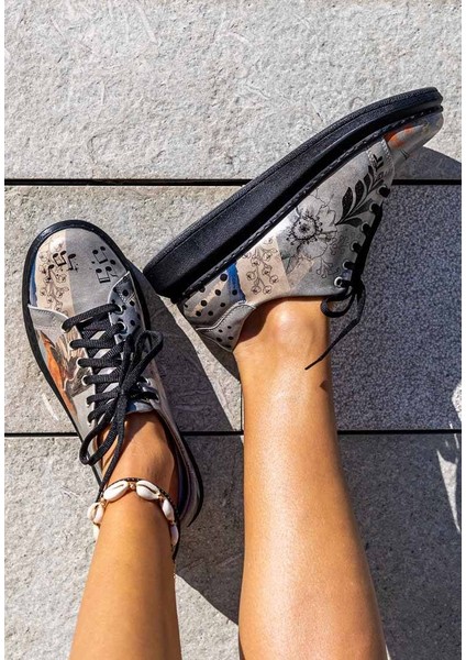 Kadın Vegan Deri Gri Sneakers - Birds Chirping Tasarım