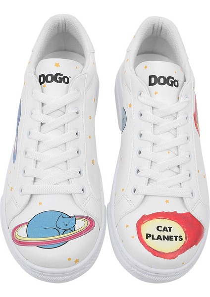 Kadın Vegan Deri Beyaz Sneakers - Cat Planets Tasarım