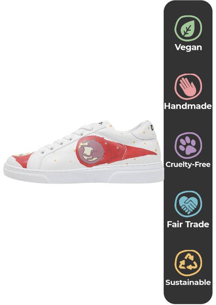 Kadın Vegan Deri Beyaz Sneakers - Cat Planets Tasarım