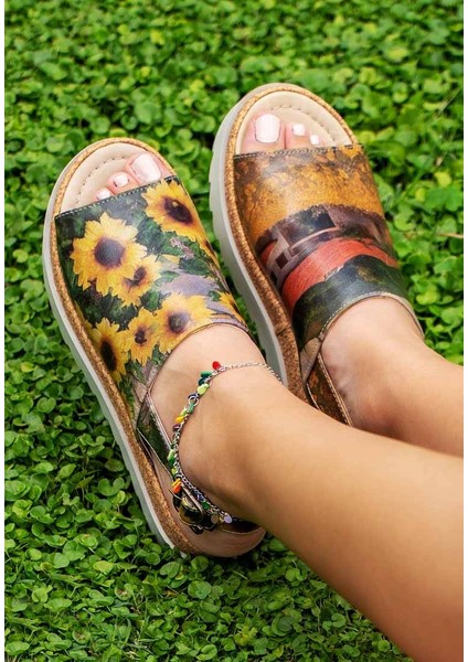 Kadın Vegan Deri Çok Renkli Kalın Taban Sandalet - Sunflowers Tasarım