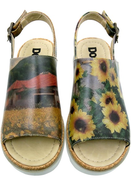 Kadın Vegan Deri Çok Renkli Kalın Taban Sandalet - Sunflowers Tasarım modelleri
