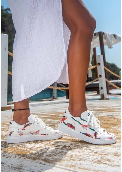 Kadın Vegan Deri Beyaz Sneakers - Koi World Tasarım