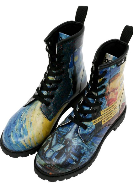 Kadın Vegan Deri Mavi Uzun Bot - Vincent van Gogh The Starry Night Collage Muse Tasarım
