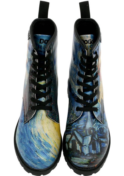 Kadın Vegan Deri Mavi Uzun Bot - Vincent van Gogh The Starry Night Collage Muse Tasarım