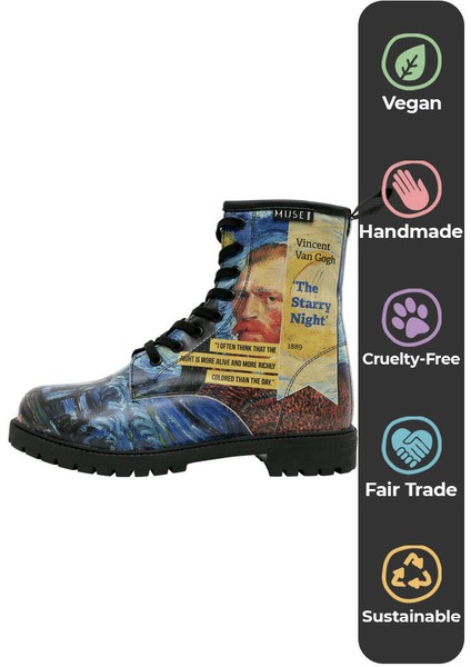 Kadın Vegan Deri Mavi Uzun Bot - Vincent van Gogh The Starry Night Collage Muse Tasarım
