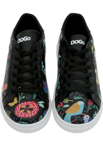 Kadın Vegan Deri Siyah Sneakers - Flowers & Birds Tasarım