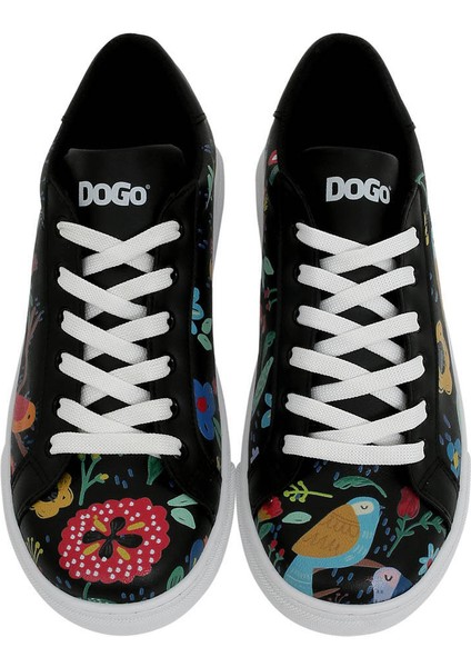 Kadın Vegan Deri Siyah Sneakers - Flowers & Birds Tasarım