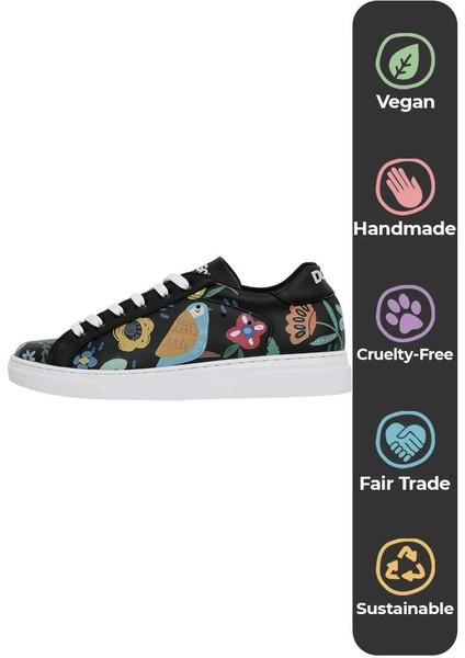 Kadın Vegan Deri Siyah Sneakers - Flowers & Birds Tasarım