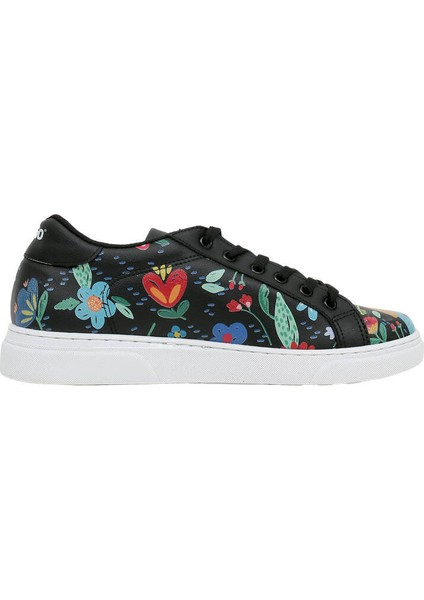 Kadın Vegan Deri Siyah Sneakers - Flowers & Birds Tasarım