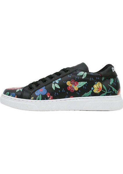 Kadın Vegan Deri Siyah Sneakers - Flowers & Birds Tasarım