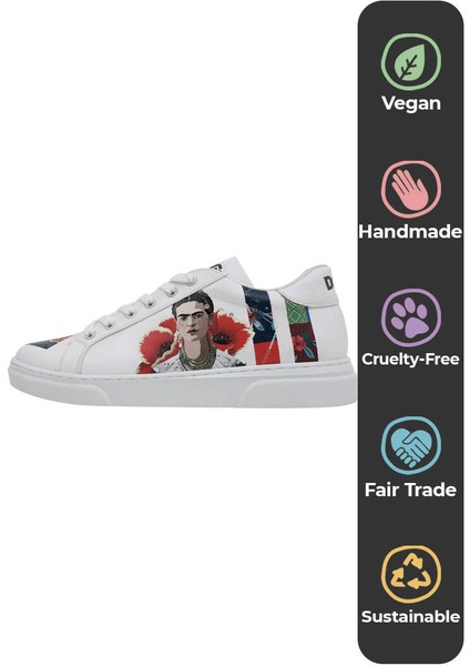 Kadın Vegan Deri Beyaz Sneakers - Viva la Vida Frida Kahlo Tasarım