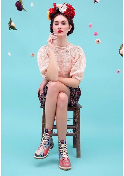 Kadın Vegan Deri Çok Renkli Uzun Bot - Frida Painting Frida Kahlo Tasarım