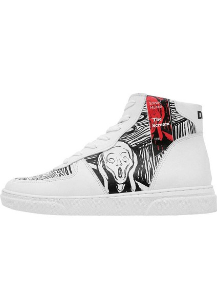 Kadın Vegan Deri Beyaz High Sneakers - Edvard Munch The Scream Muse Tasarım