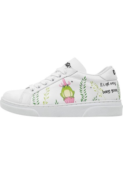 Unisex Çocuk Vegan Deri Beyaz Sneakers - It's Not Easy Being Green Tasarım