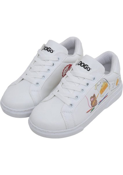 Unisex Çocuk Vegan Deri Beyaz Sneakers - Mission Cheese Possible Tasarım