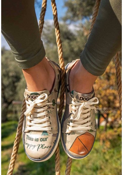 Kadın Vegan Deri Gri Günlük Sneakers - This is Our Happy Place Tasarım