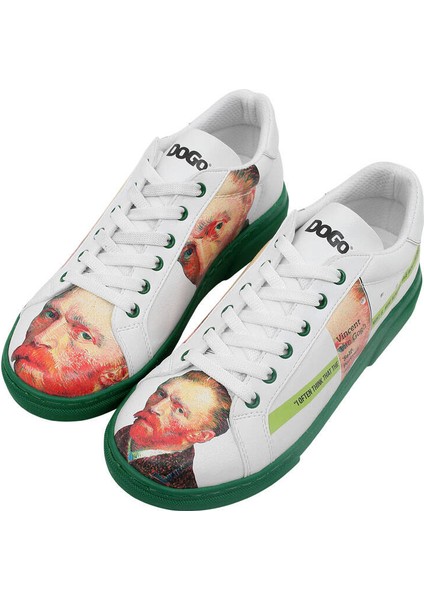 Kadın Vegan Deri Beyaz Sneakers - Vincent van Gogh Self Portrait Tasarım