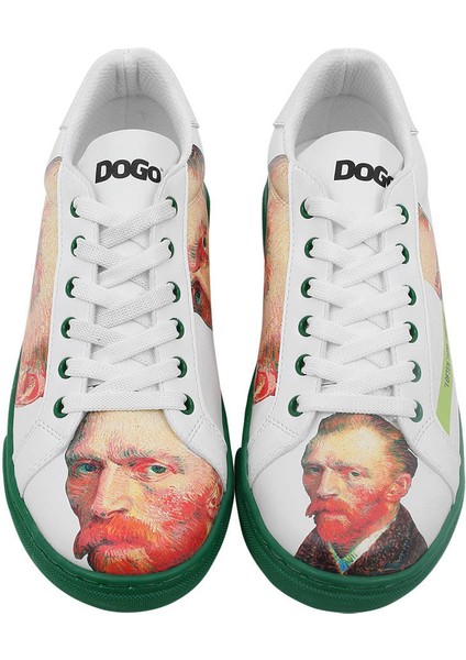 Kadın Vegan Deri Beyaz Sneakers - Vincent van Gogh Self Portrait Tasarım