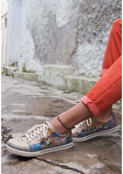 Kadın Vegan Deri Bej Sneakers - Stunning Sunset Tasarım