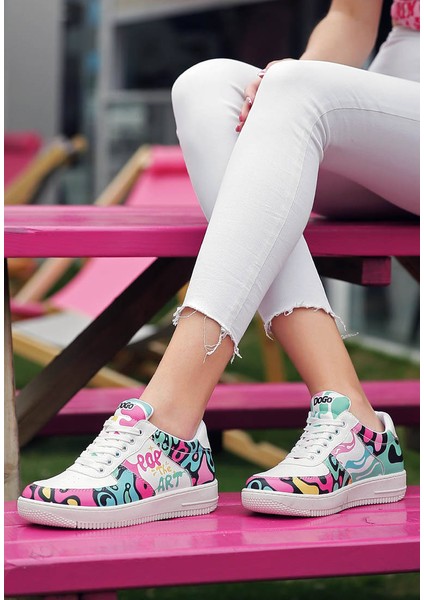 Kadın Vegan Deri Beyaz Sneakers - Pop the Art Tasarım