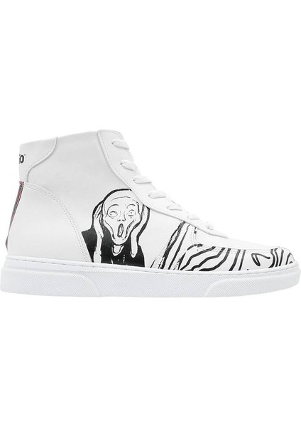 Kadın Vegan Deri Beyaz High Sneakers - Edvard Munch The Scream Muse Tasarım