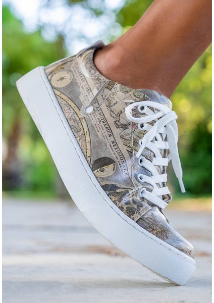 Kadın Vegan Deri Gri Sneakers - Astronomy Map Tasarım