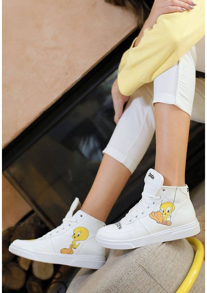 Kadın Vegan Deri Beyaz High Sneakers - Warner Bros Tweety Classic Tasarım