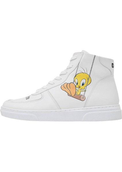 Kadın Vegan Deri Beyaz High Sneakers - Warner Bros Tweety Classic Tasarım