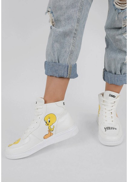 Kadın Vegan Deri Beyaz High Sneakers - Warner Bros Tweety Classic Tasarım