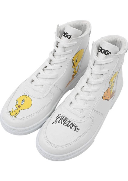 Kadın Vegan Deri Beyaz High Sneakers - Warner Bros Tweety Classic Tasarım