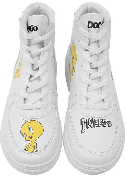 Kadın Vegan Deri Beyaz High Sneakers - Warner Bros Tweety Classic Tasarım