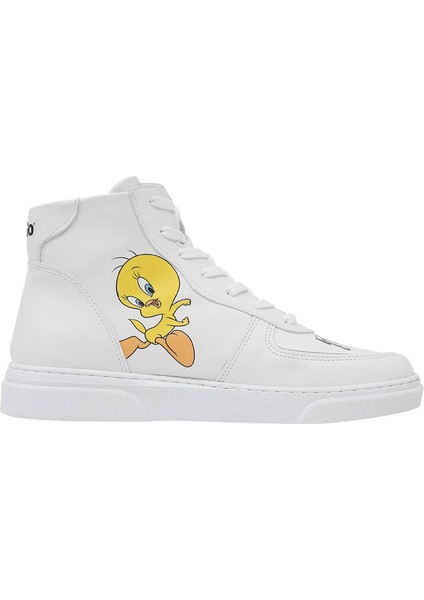 Kadın Vegan Deri Beyaz High Sneakers - Warner Bros Tweety Classic Tasarım