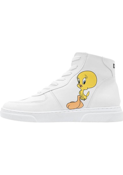 Kadın Vegan Deri Beyaz High Sneakers - Warner Bros Tweety Classic Tasarım