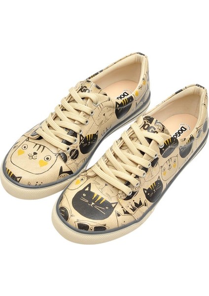 Kadın Vegan Deri Bej Sneakers - Monochrome Cats Tasarım