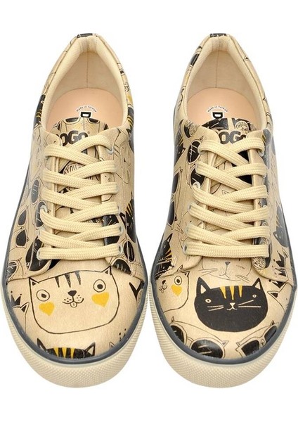 Kadın Vegan Deri Bej Sneakers - Monochrome Cats Tasarım fiyatları