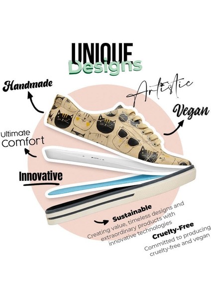 Kadın Vegan Deri Bej Sneakers - Monochrome Cats Tasarım modelleri