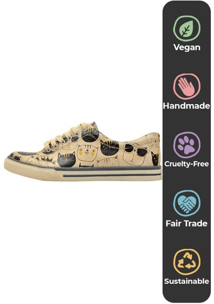 Kadın Vegan Deri Bej Sneakers - Monochrome Cats Tasarım fırsatları