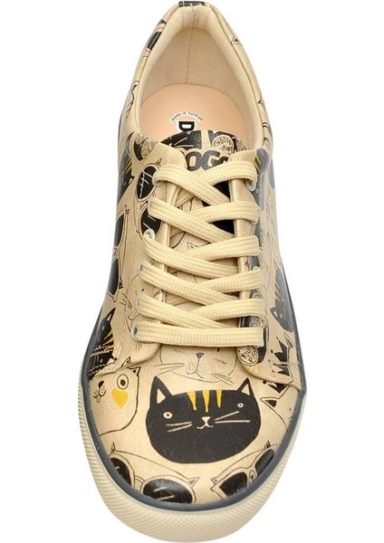 Kadın Vegan Deri Bej Sneakers - Monochrome Cats Tasarım indirimleri