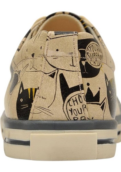 Kadın Vegan Deri Bej Sneakers - Monochrome Cats Tasarım