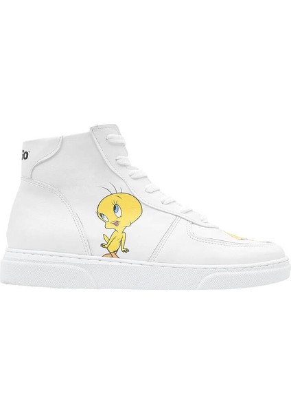 Kadın Vegan Deri Beyaz High Sneakers - Warner Bros Tweety Classic Tasarım