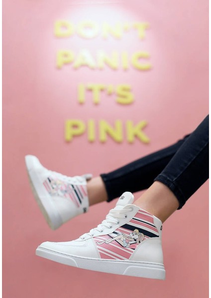 Kadın Vegan Deri Beyaz High Sneakers - Warner Bros Love is Pure Bugs Bunny Tasarım