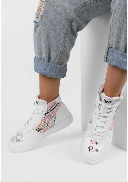 Kadın Vegan Deri Beyaz High Sneakers - Warner Bros Love is Pure Bugs Bunny Tasarım fırsatları