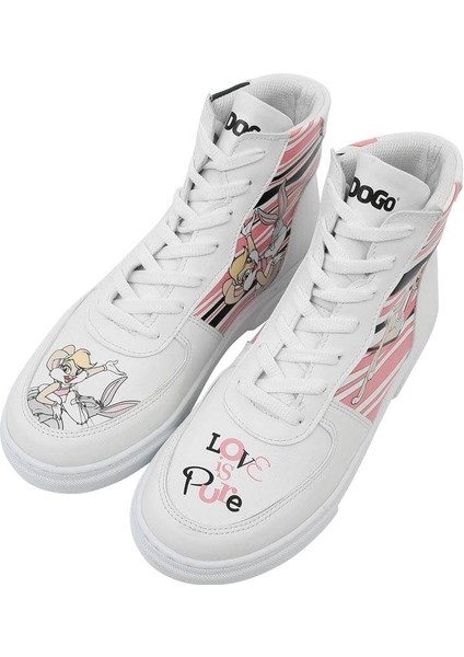 Kadın Vegan Deri Beyaz High Sneakers - Warner Bros Love is Pure Bugs Bunny Tasarım indirimleri