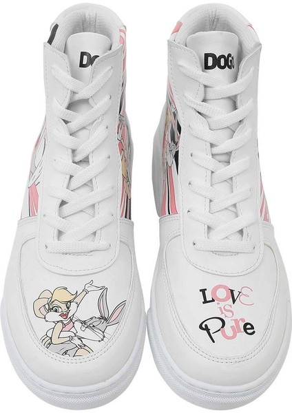 Kadın Vegan Deri Beyaz High Sneakers - Warner Bros Love is Pure Bugs Bunny Tasarım