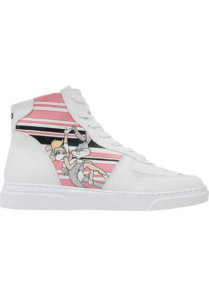 Kadın Vegan Deri Beyaz High Sneakers - Warner Bros Love is Pure Bugs Bunny Tasarım