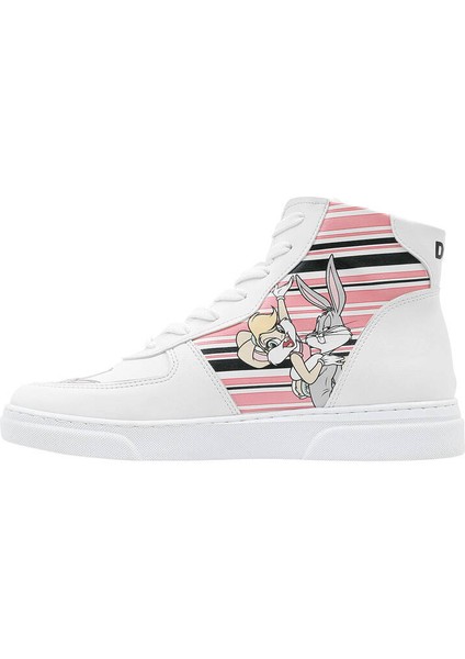 Kadın Vegan Deri Beyaz High Sneakers - Warner Bros Love is Pure Bugs Bunny Tasarım
