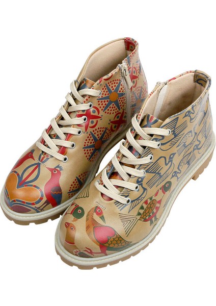 Kadın Vegan Deri Bej Fermuarlı Kısa Bot - Love Birds Tasarım