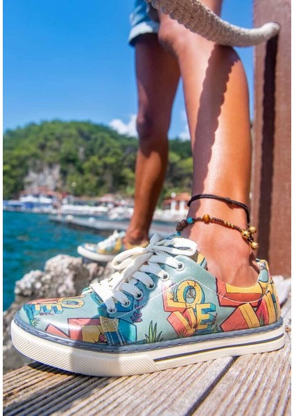 Kadın Vegan Deri Turkuaz Sneakers - Love Tasarım