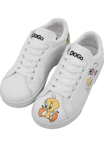 Unisex Çocuk Vegan Deri Beyaz Sneakers - Warner Bros Best of Tweety and Sylvester Tasarım